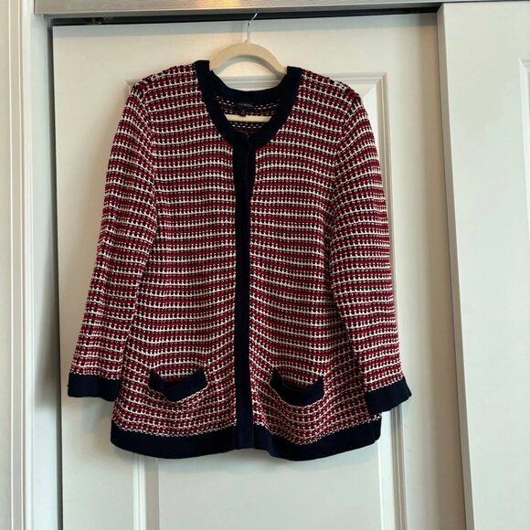 Talbots Women’s Red Tweed Knit Boxy Cardigan Sz XL Americana Cotton Festive - Picture 1 of 7